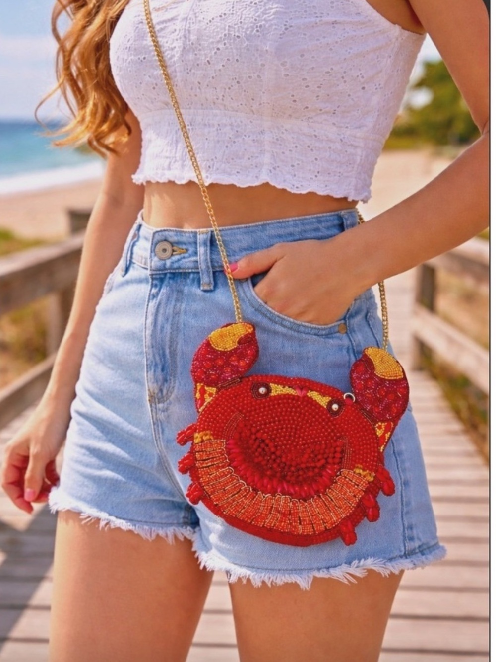 Red Beaded Crab Crossbody Bag with Gold Chain Marshall's